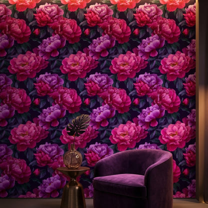 Dark Plum and Pink Peony Floral Wallpaper