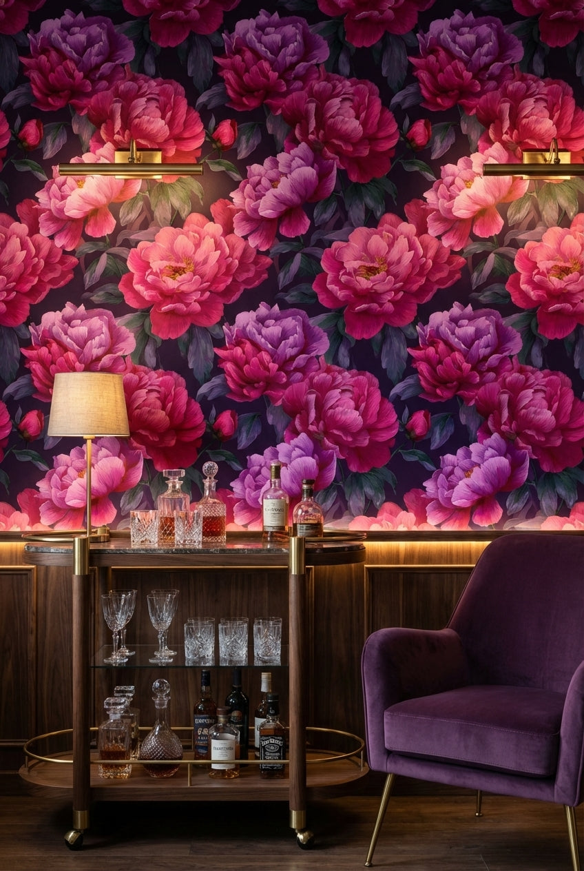 Dark Plum and Pink Peony Floral Wallpaper