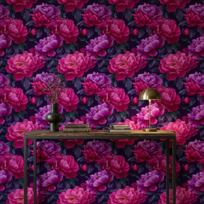 Dark Plum and Pink Peony Floral Wallpaper