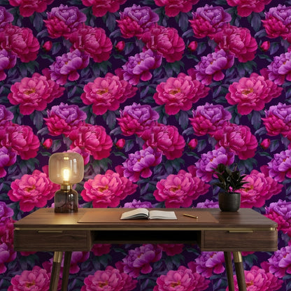 Dark Plum and Pink Peony Floral Wallpaper
