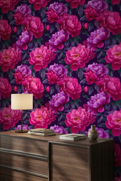 Dark Plum and Pink Peony Floral Wallpaper