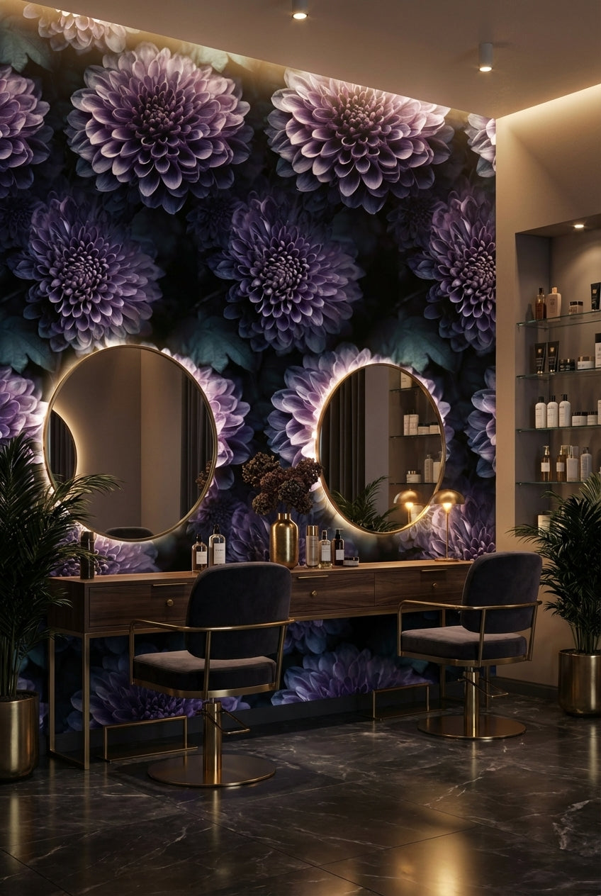 Dark Violet Large Floral Pattern Wallpaper