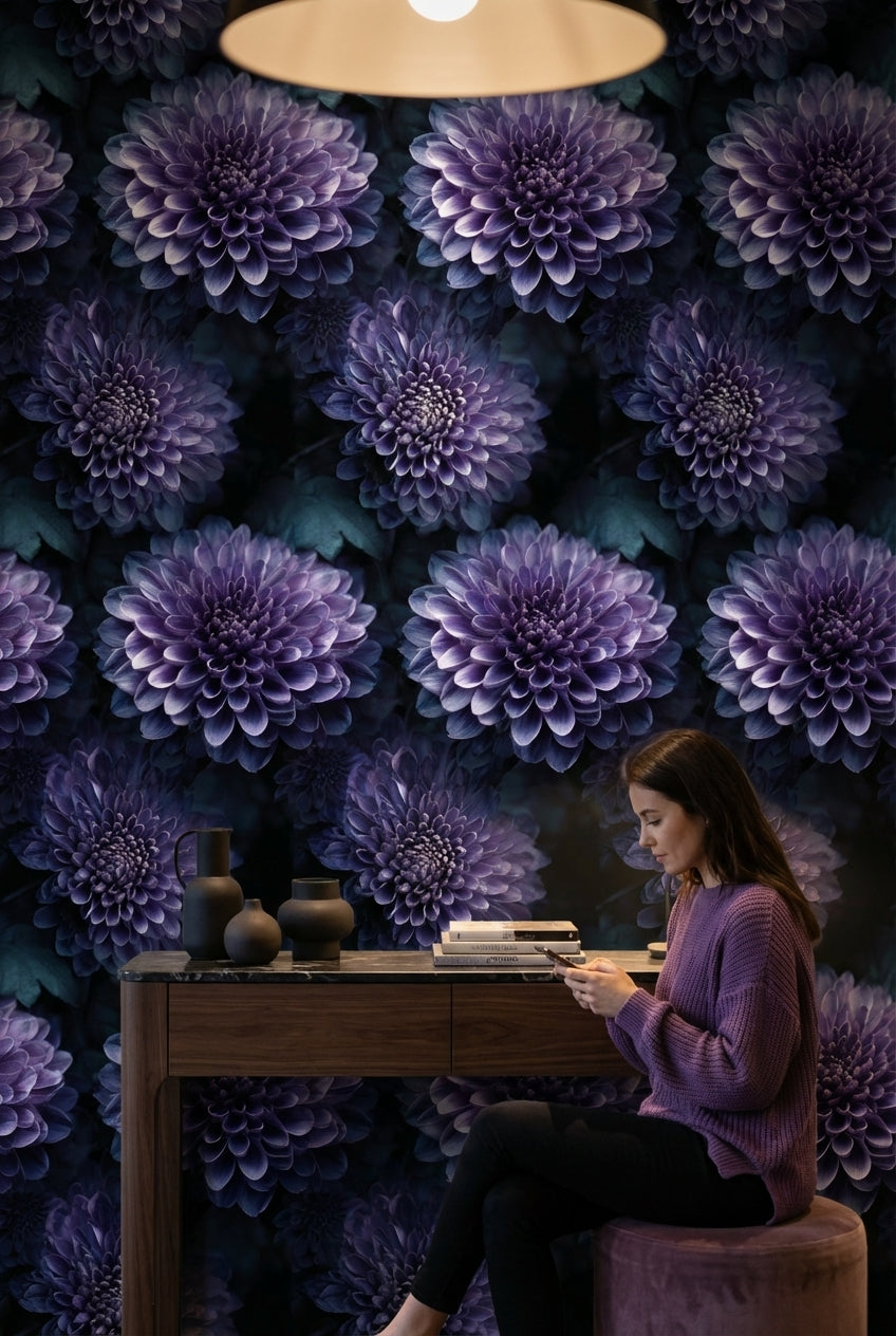 Dark Violet Large Floral Pattern Wallpaper