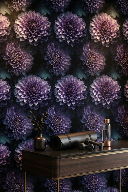 Dark Violet Large Floral Pattern Wallpaper
