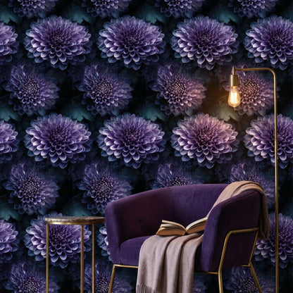 Dark Violet Large Floral Pattern Wallpaper