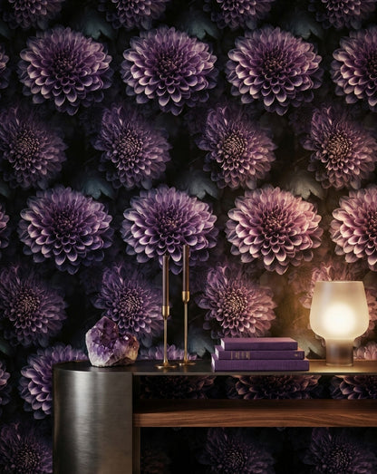 Dark Violet Large Floral Pattern Wallpaper