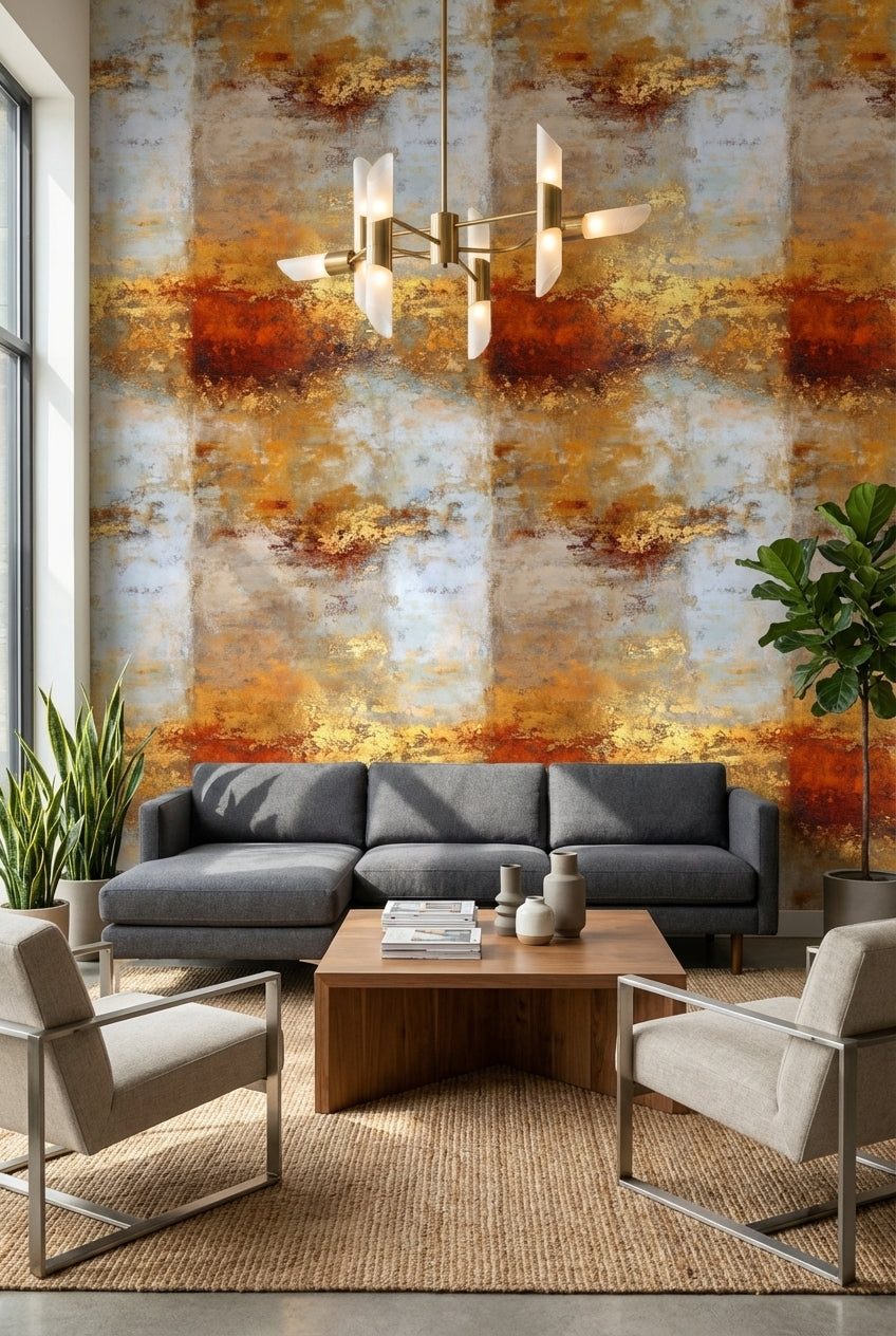 Warm Gold Look and Gray Abstract Textured Wallpaper