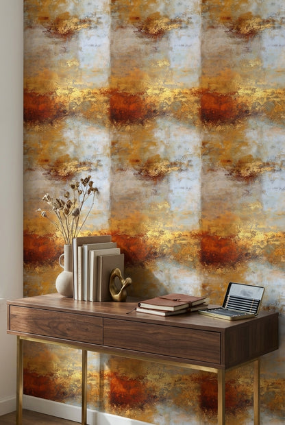 Warm Gold Look and Gray Abstract Textured Wallpaper