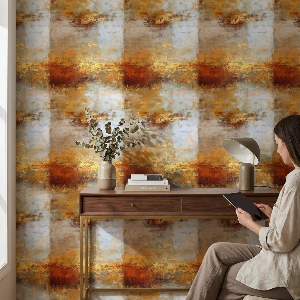 Warm Gold Look and Gray Abstract Textured Wallpaper