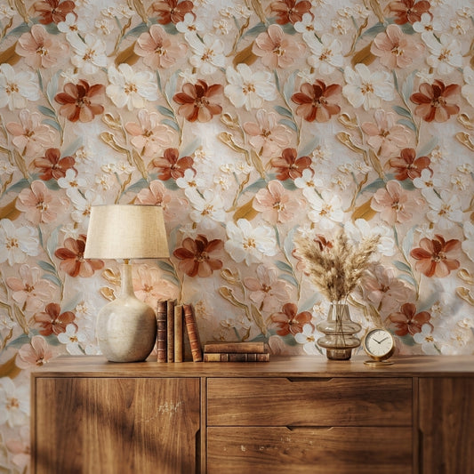 Cream and Terracotta Vintage Floral Wallpaper