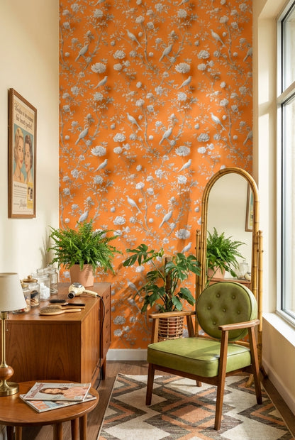 Vibrant Orange Peony and Bird Pattern Wallpaper
