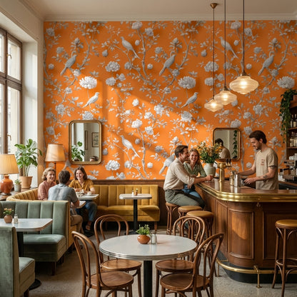 Vibrant Orange Peony and Bird Pattern Wallpaper