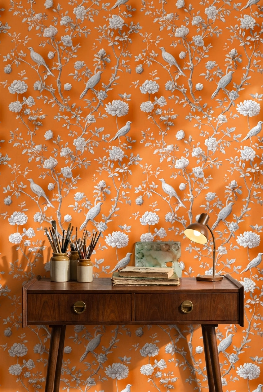Vibrant Orange Peony and Bird Pattern Wallpaper