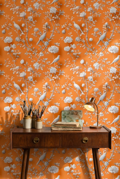 Vibrant Orange Peony and Bird Pattern Wallpaper