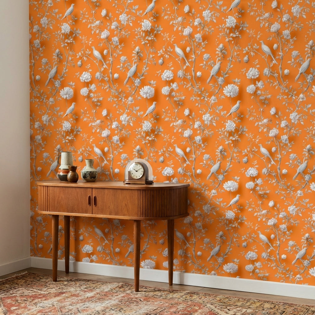 Vibrant Orange Peony and Bird Pattern Wallpaper