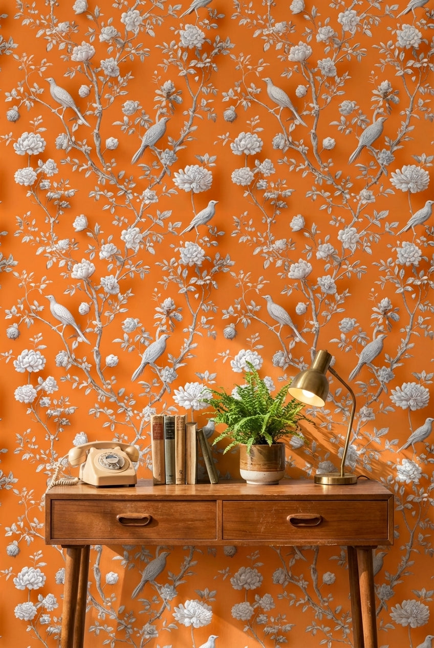 Vibrant Orange Peony and Bird Pattern Wallpaper