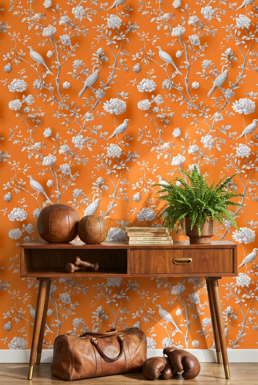 Vibrant Orange Peony and Bird Pattern Wallpaper