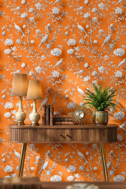 Vibrant Orange Peony and Bird Pattern Wallpaper