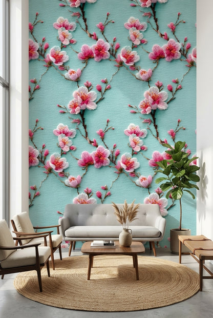 Turquoise Cherry Blossom Floral Wallpaper