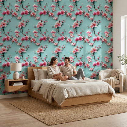 Turquoise Cherry Blossom Floral Wallpaper