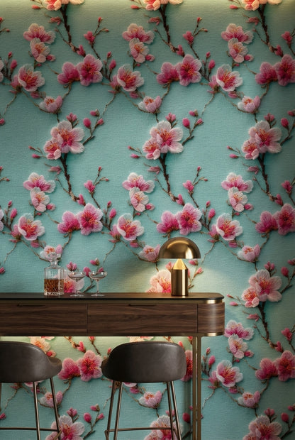 Turquoise Cherry Blossom Floral Wallpaper