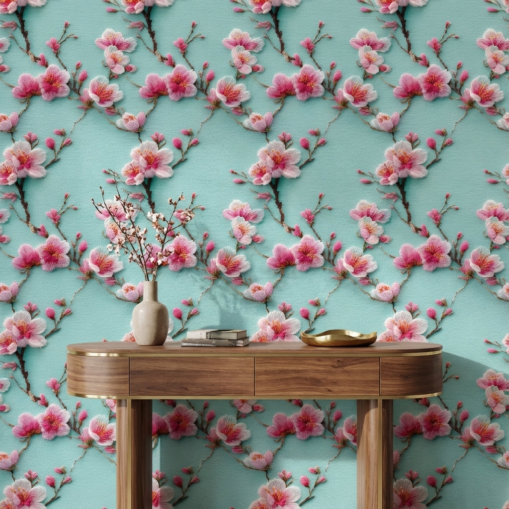 Turquoise Cherry Blossom Floral Wallpaper