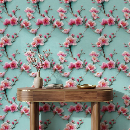 Turquoise Cherry Blossom Floral Wallpaper