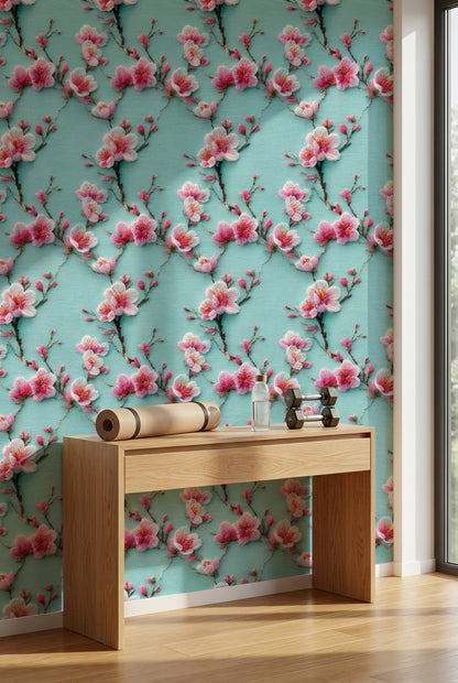 Turquoise Cherry Blossom Floral Wallpaper
