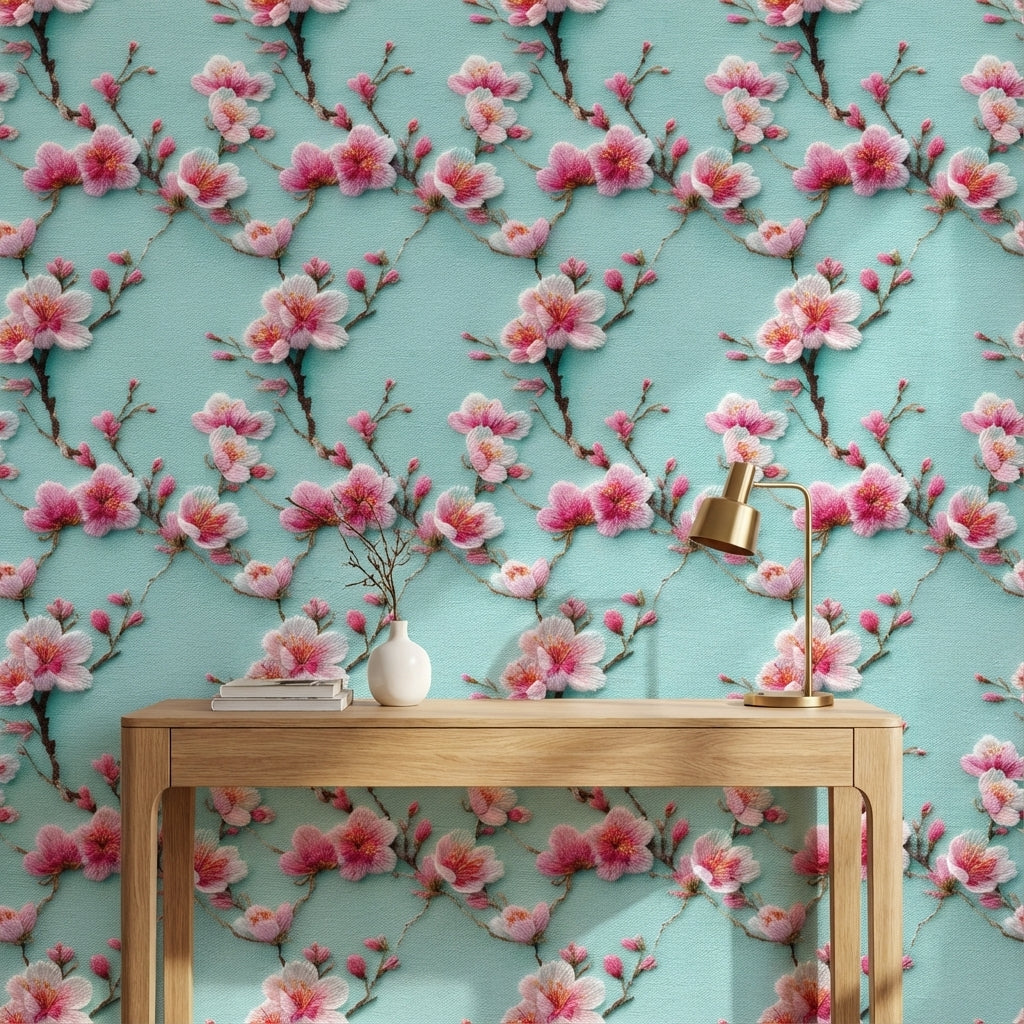 Turquoise Cherry Blossom Floral Wallpaper