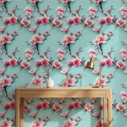 Turquoise Cherry Blossom Floral Wallpaper
