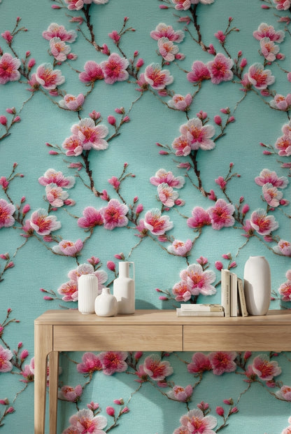 Turquoise Cherry Blossom Floral Wallpaper