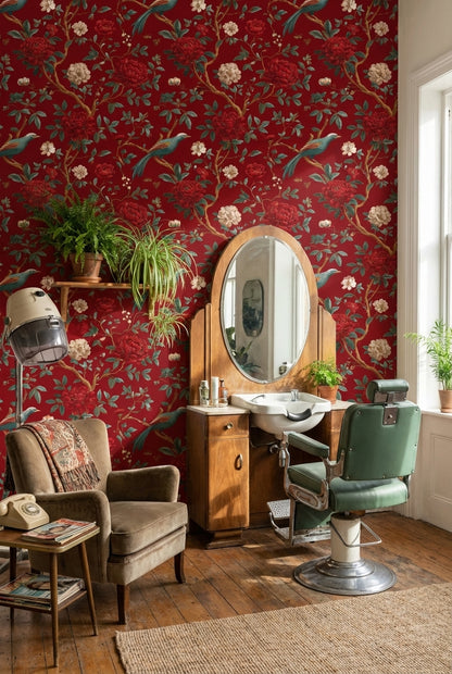 Rich Scarlet Red Floral and Bird Chinoiserie Wallpaper