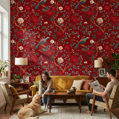 Rich Scarlet Red Floral and Bird Chinoiserie Wallpaper