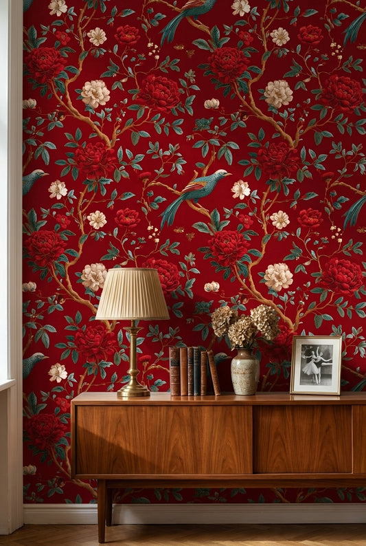 Rich Scarlet Red Floral and Bird Chinoiserie Wallpaper