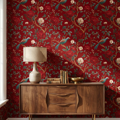 Rich Scarlet Red Floral and Bird Chinoiserie Wallpaper