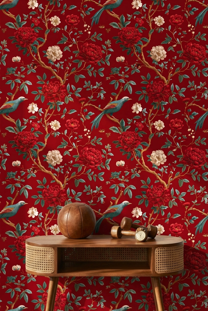 Rich Scarlet Red Floral and Bird Chinoiserie Wallpaper