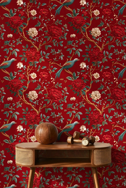 Rich Scarlet Red Floral and Bird Chinoiserie Wallpaper