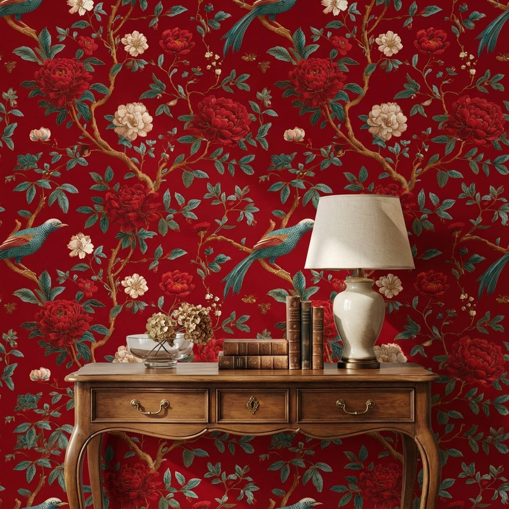 Rich Scarlet Red Floral and Bird Chinoiserie Wallpaper