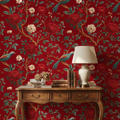 Rich Scarlet Red Floral and Bird Chinoiserie Wallpaper