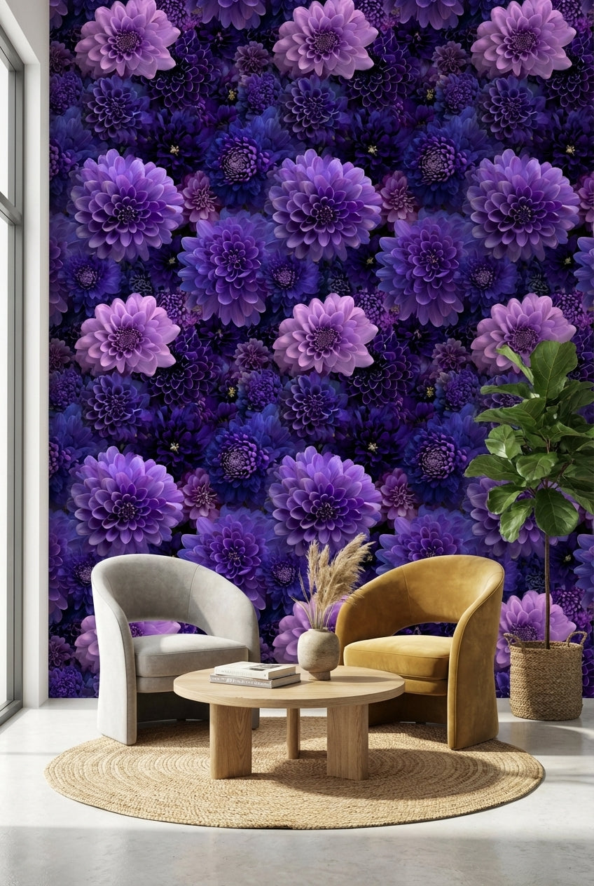Deep Violet and Lavender Dahlia Floral Wallpaper