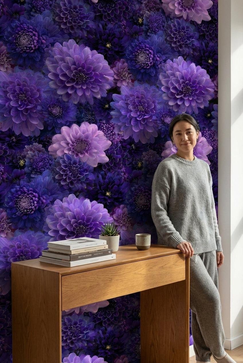 Deep Violet and Lavender Dahlia Floral Wallpaper