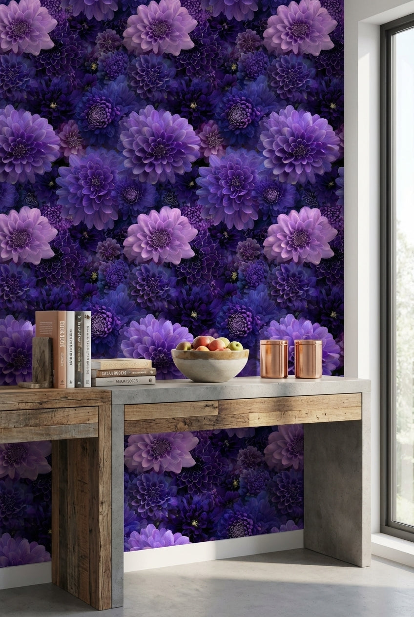 Deep Violet and Lavender Dahlia Floral Wallpaper