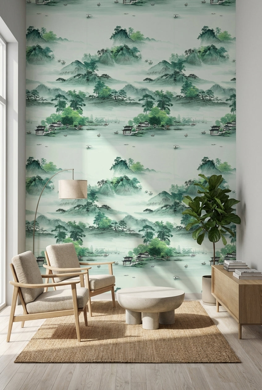 Serene Green Japanese Mountain Landscape Wallpaper