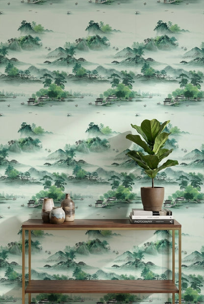 Serene Green Japanese Mountain Landscape Wallpaper