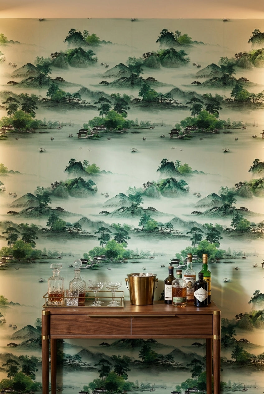 Serene Green Japanese Mountain Landscape Wallpaper
