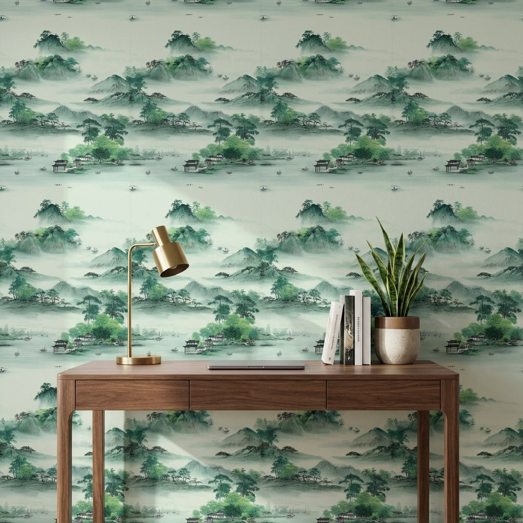 Serene Green Japanese Mountain Landscape Wallpaper