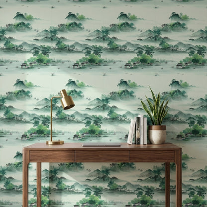 Serene Green Japanese Mountain Landscape Wallpaper