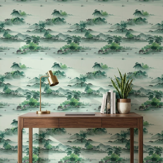 Serene Green Japanese Mountain Landscape Wallpaper