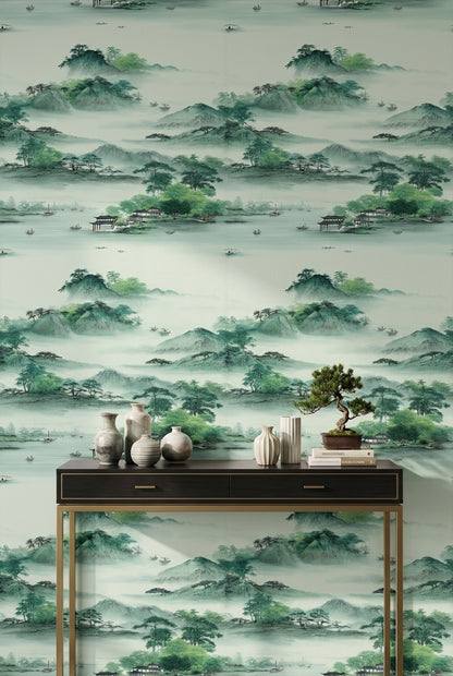 Serene Green Japanese Mountain Landscape Wallpaper
