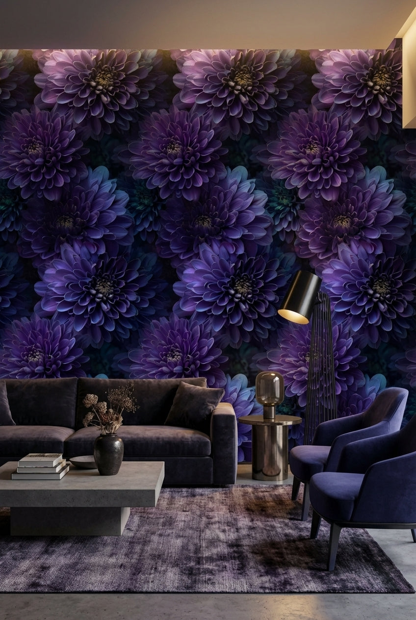 Deep Plum Purple Dahlia Floral Wallpaper